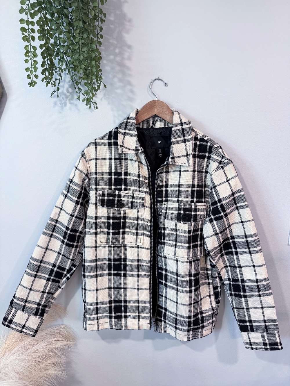 mens Black and White Plaid Zip Jacket Sz M
